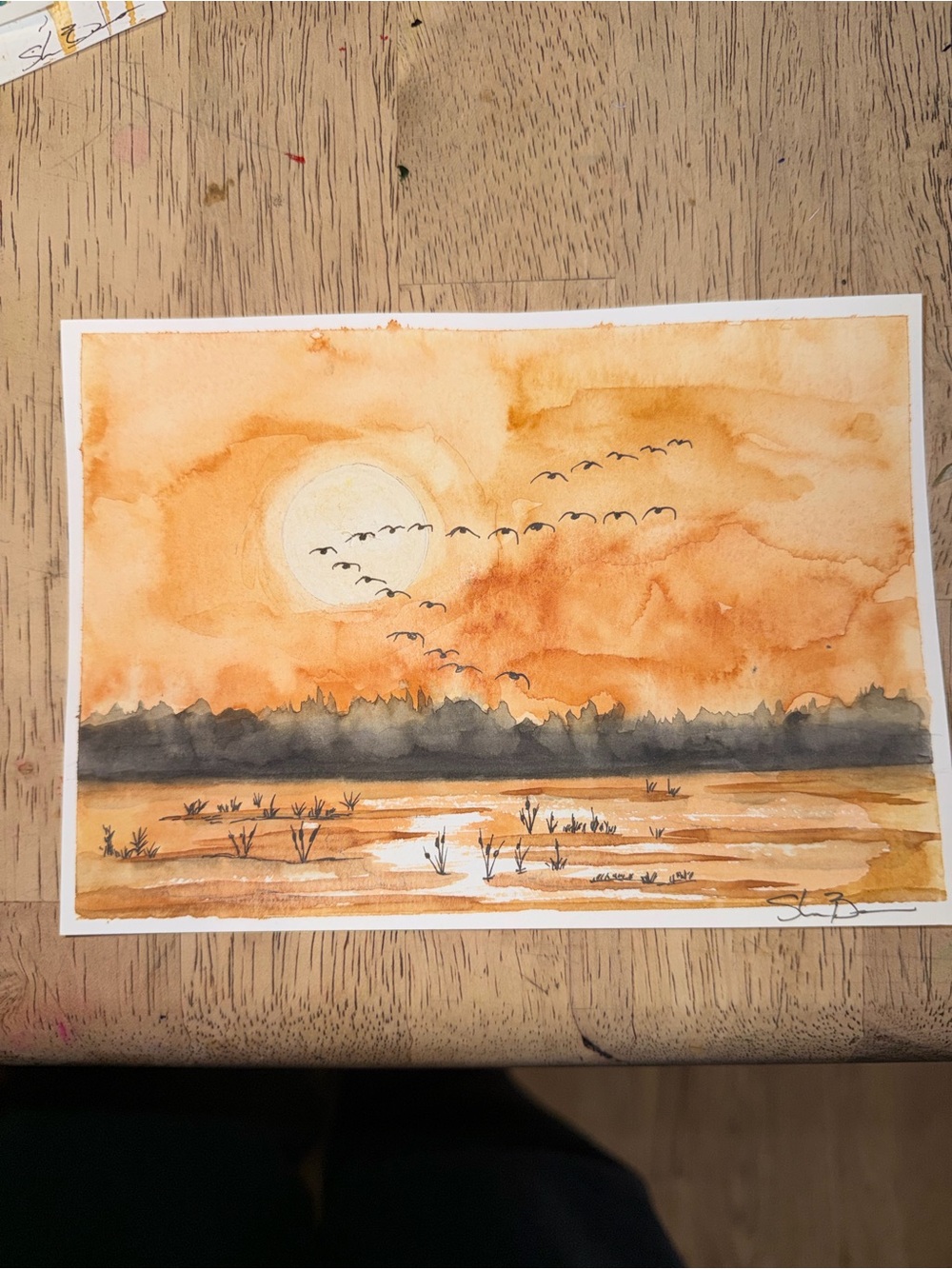 Sunset Marsh Watercolor Art Print in Orange by